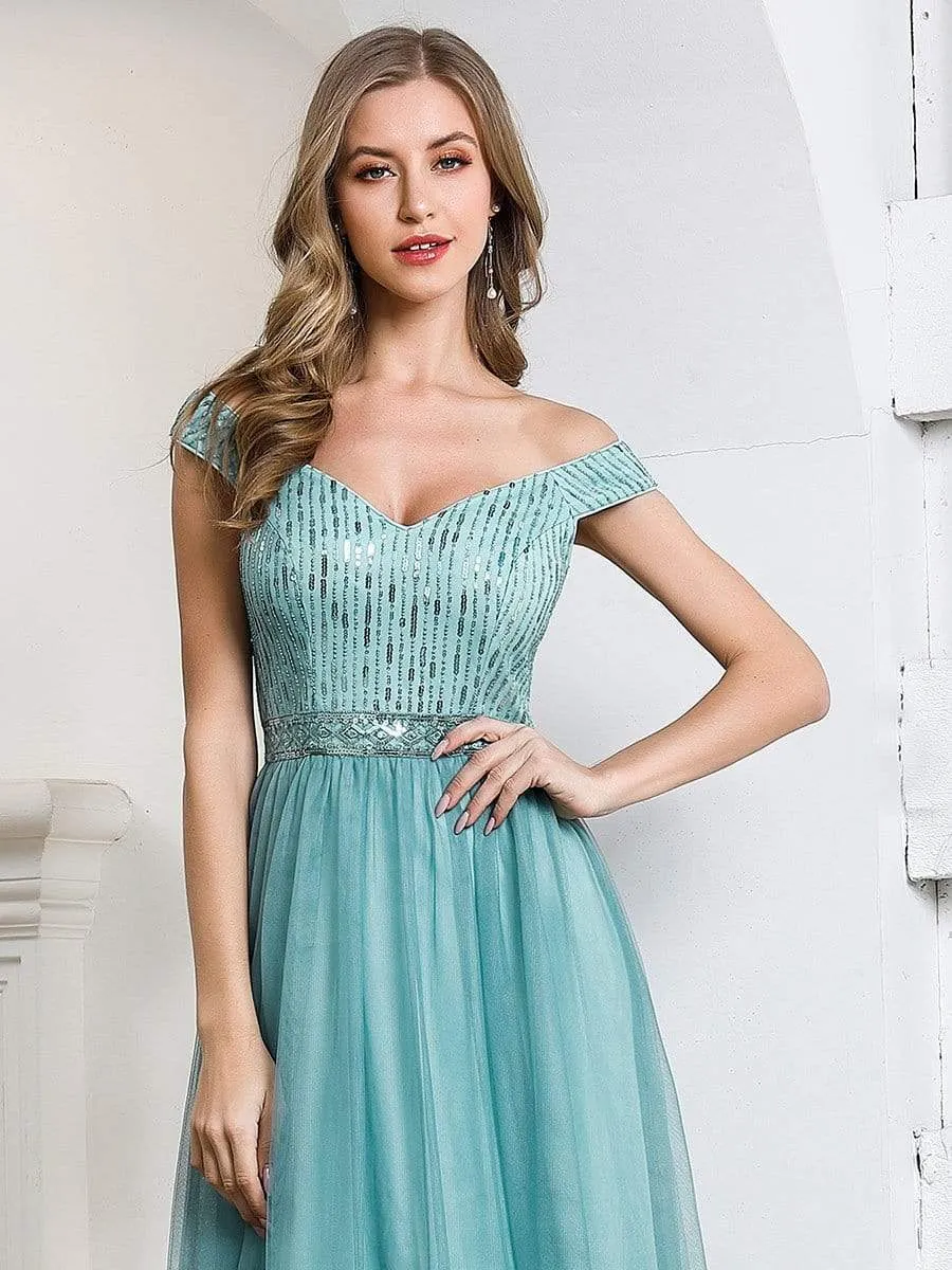 Off Shoulder Flowy Tulle Bridesmaid Dress with Sequin Belt
