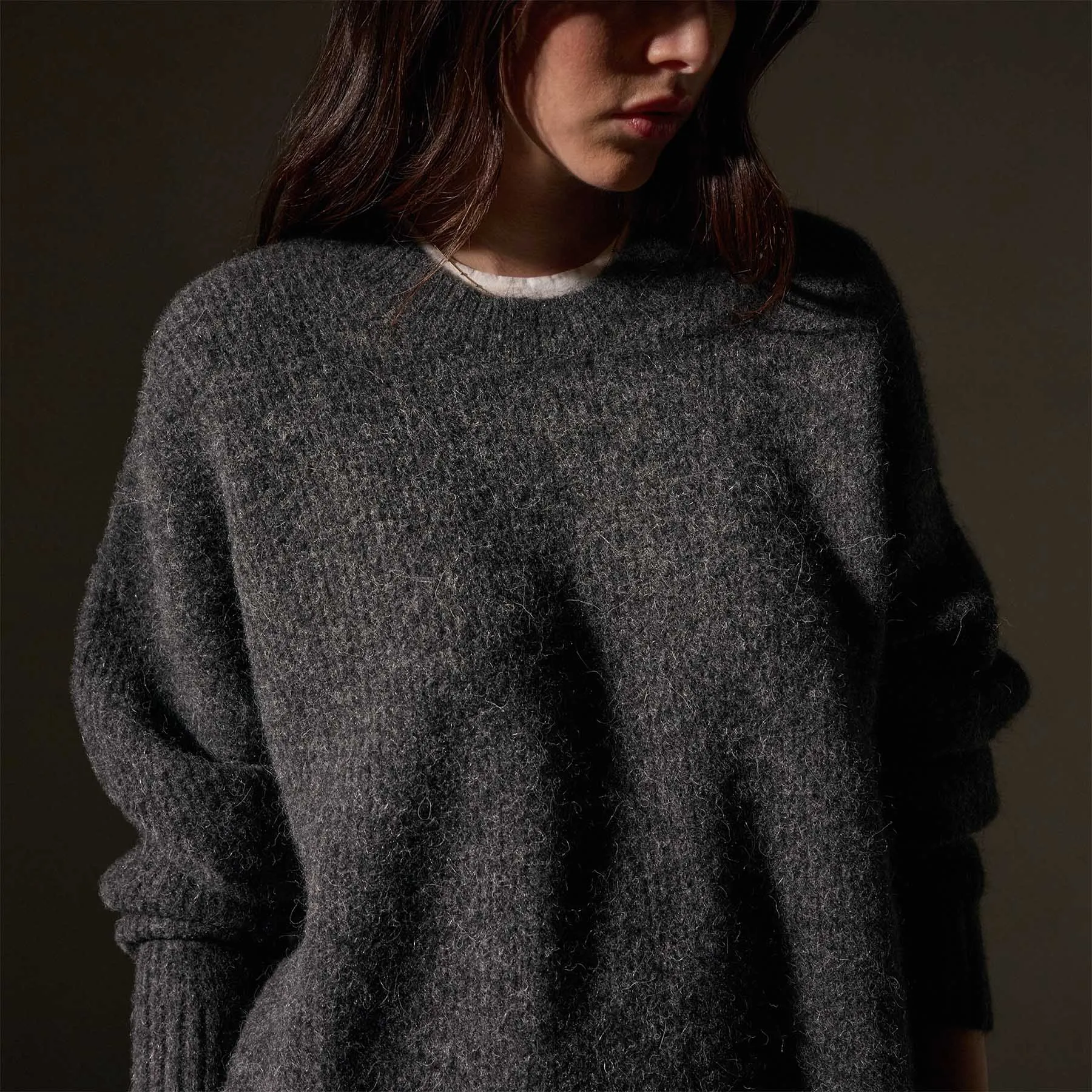 Oversized Waffle Knit Crew - Anthracite