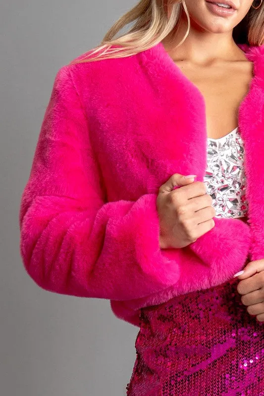 Pink Womens Fur Coat And Sequin Short Pants Set
