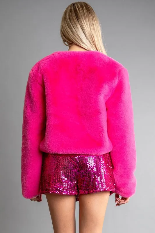 Pink Womens Fur Coat And Sequin Short Pants Set