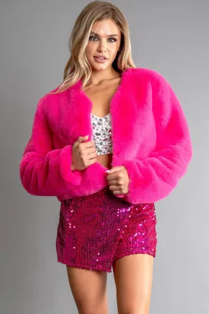 Pink Womens Fur Coat And Sequin Short Pants Set