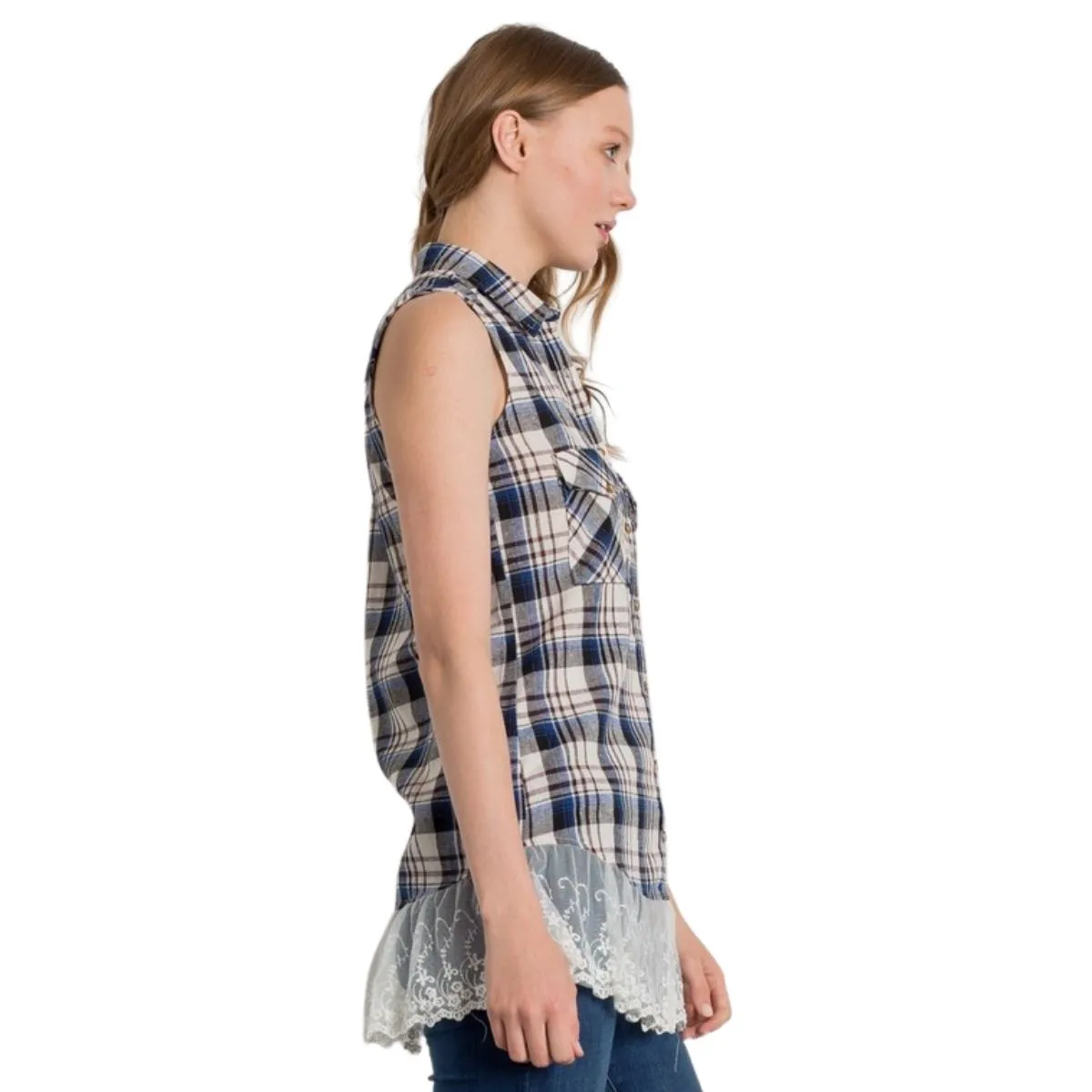 PLAID FRONT POCKET LACED HEM TOP
