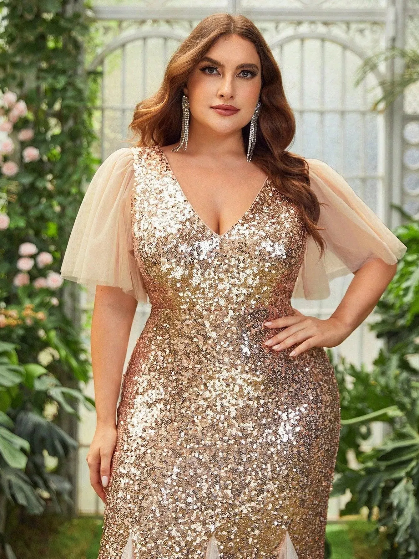 Plus Mesh Mermaid Hem Sequin Formal Dress