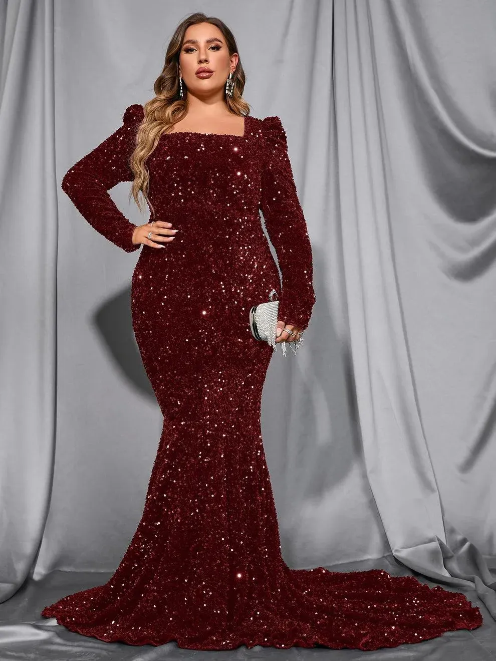Plus Square Neck Mermaid Hem Sequin Maxi Dress