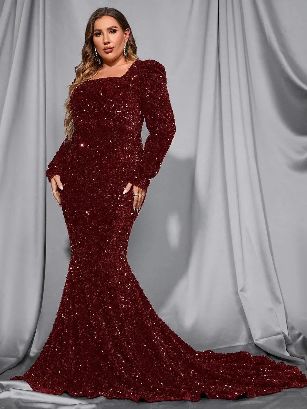 Plus Square Neck Mermaid Hem Sequin Maxi Dress