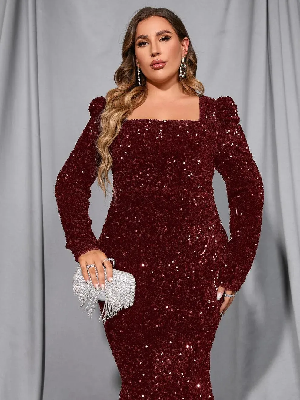 Plus Square Neck Mermaid Hem Sequin Maxi Dress