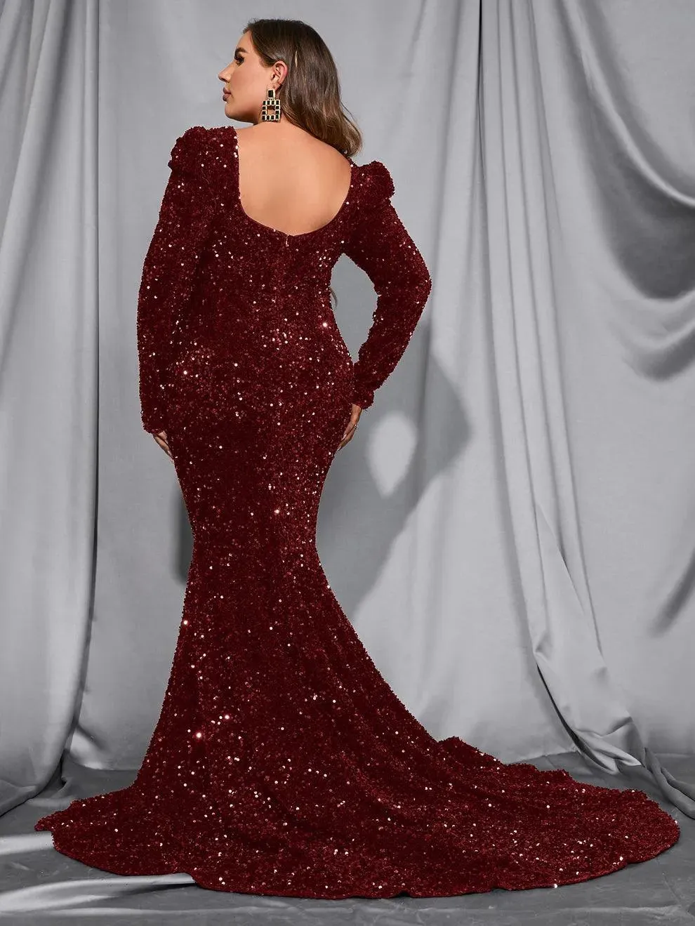 Plus Square Neck Mermaid Hem Sequin Maxi Dress