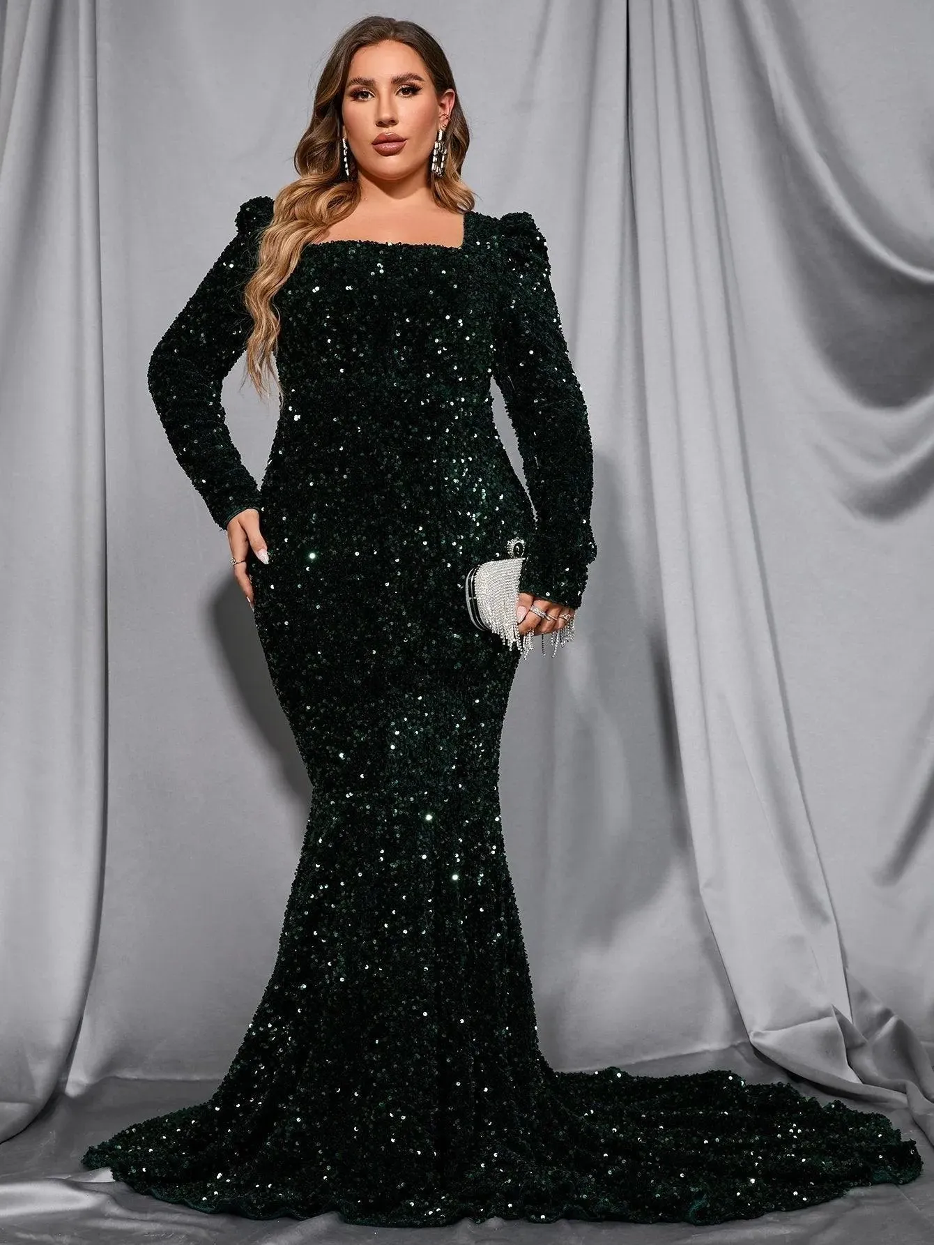 Plus Square Neck Mermaid Hem Sequin Maxi Dress