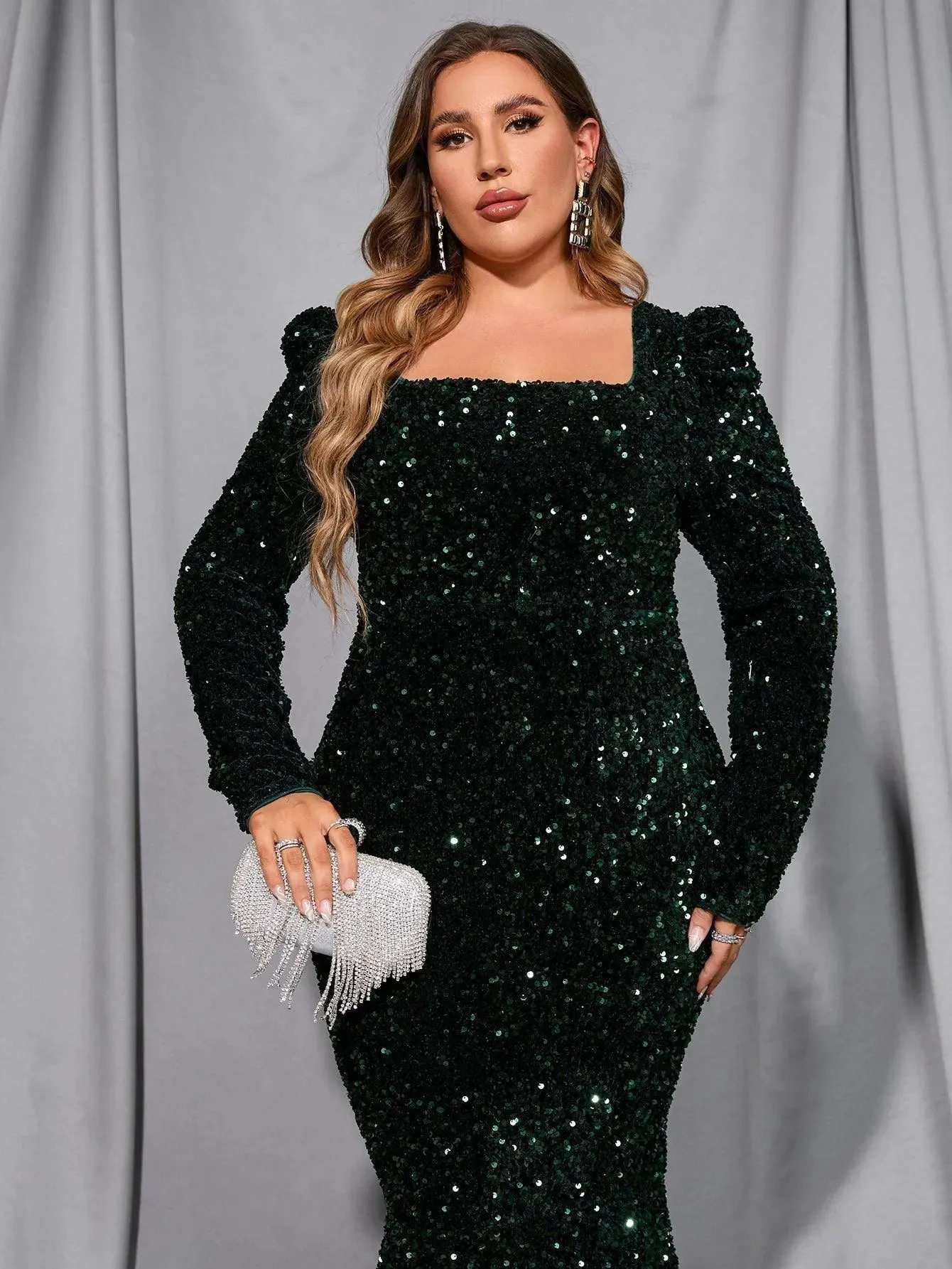 Plus Square Neck Mermaid Hem Sequin Maxi Dress