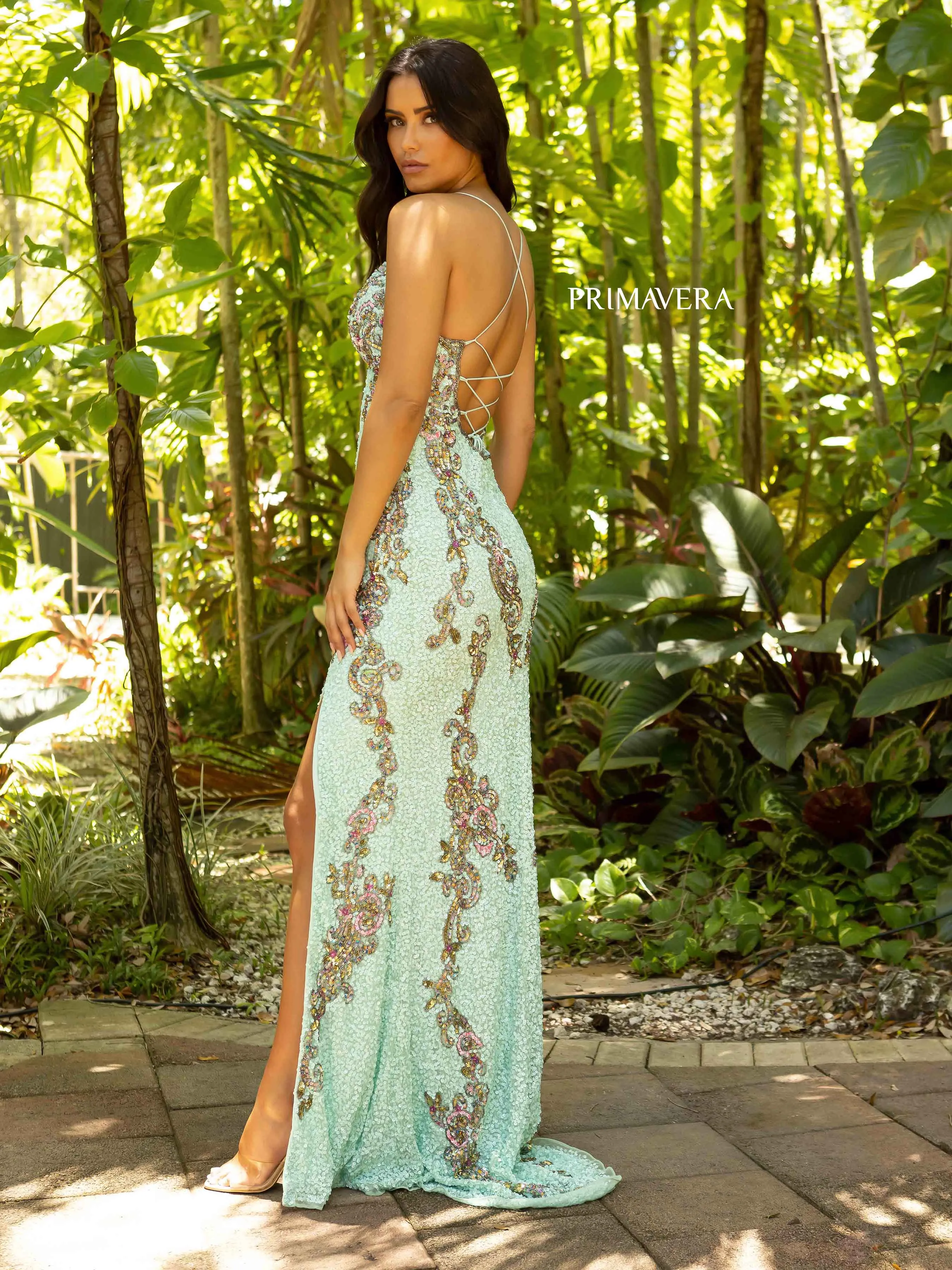 Primavera Couture 3211 Size 14 Peacock Sequin Prom Dress Pageant Gown Evening Formal Wear Side Slit