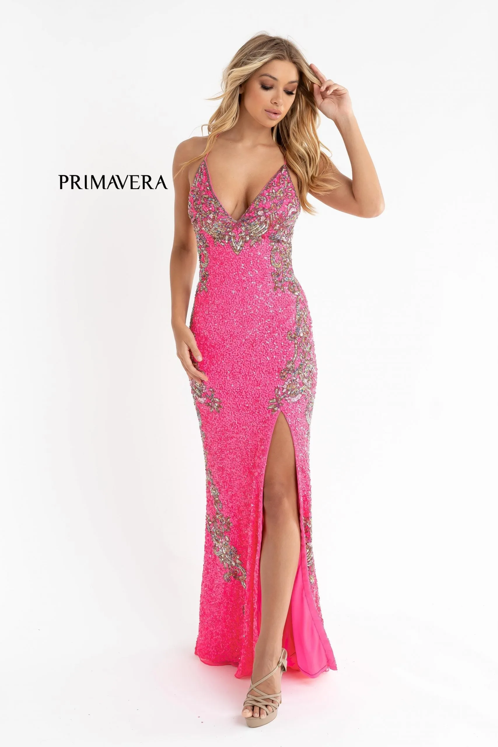 Primavera Couture 3211 Size 14 Peacock Sequin Prom Dress Pageant Gown Evening Formal Wear Side Slit