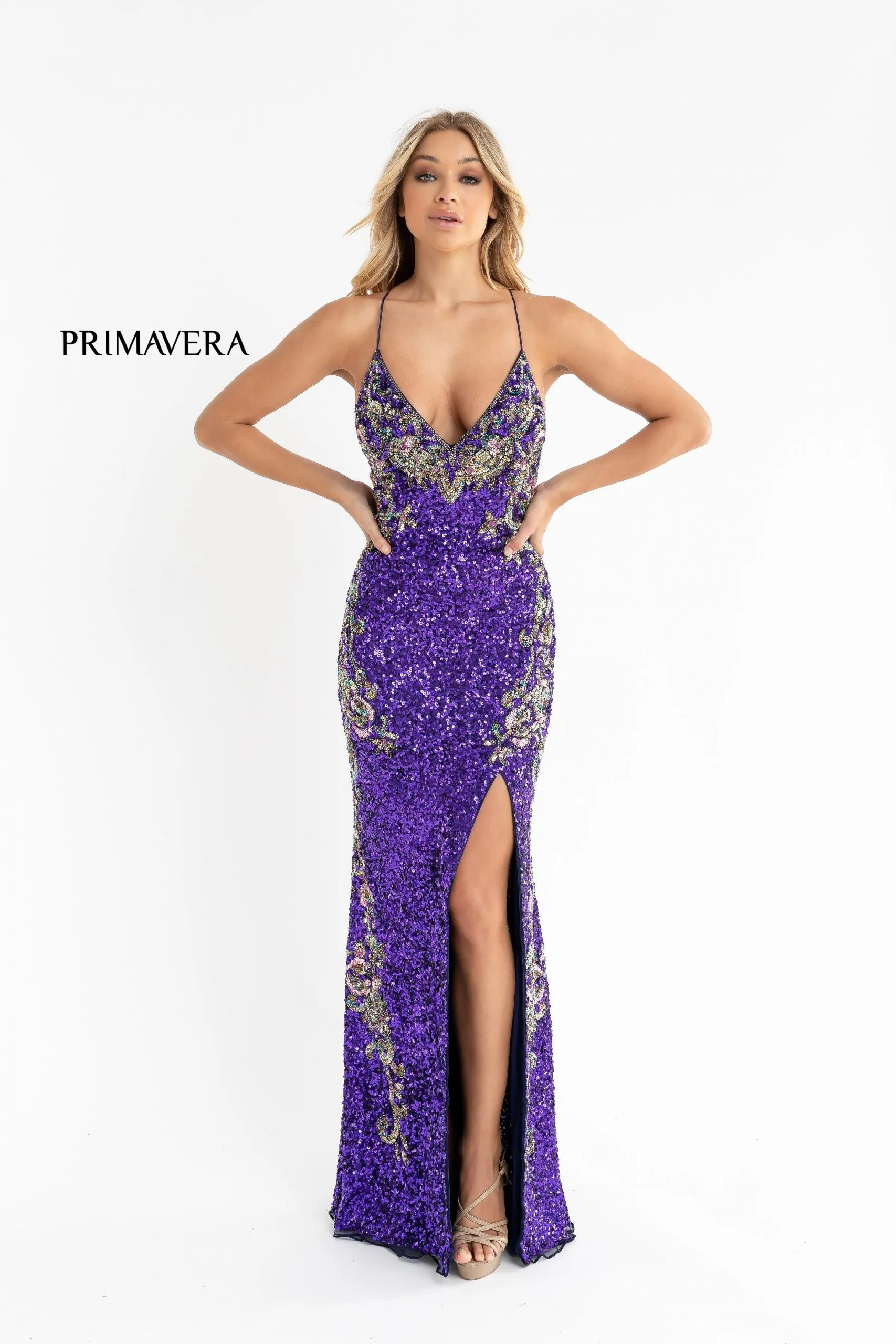 Primavera Couture 3211 Size 14 Peacock Sequin Prom Dress Pageant Gown Evening Formal Wear Side Slit