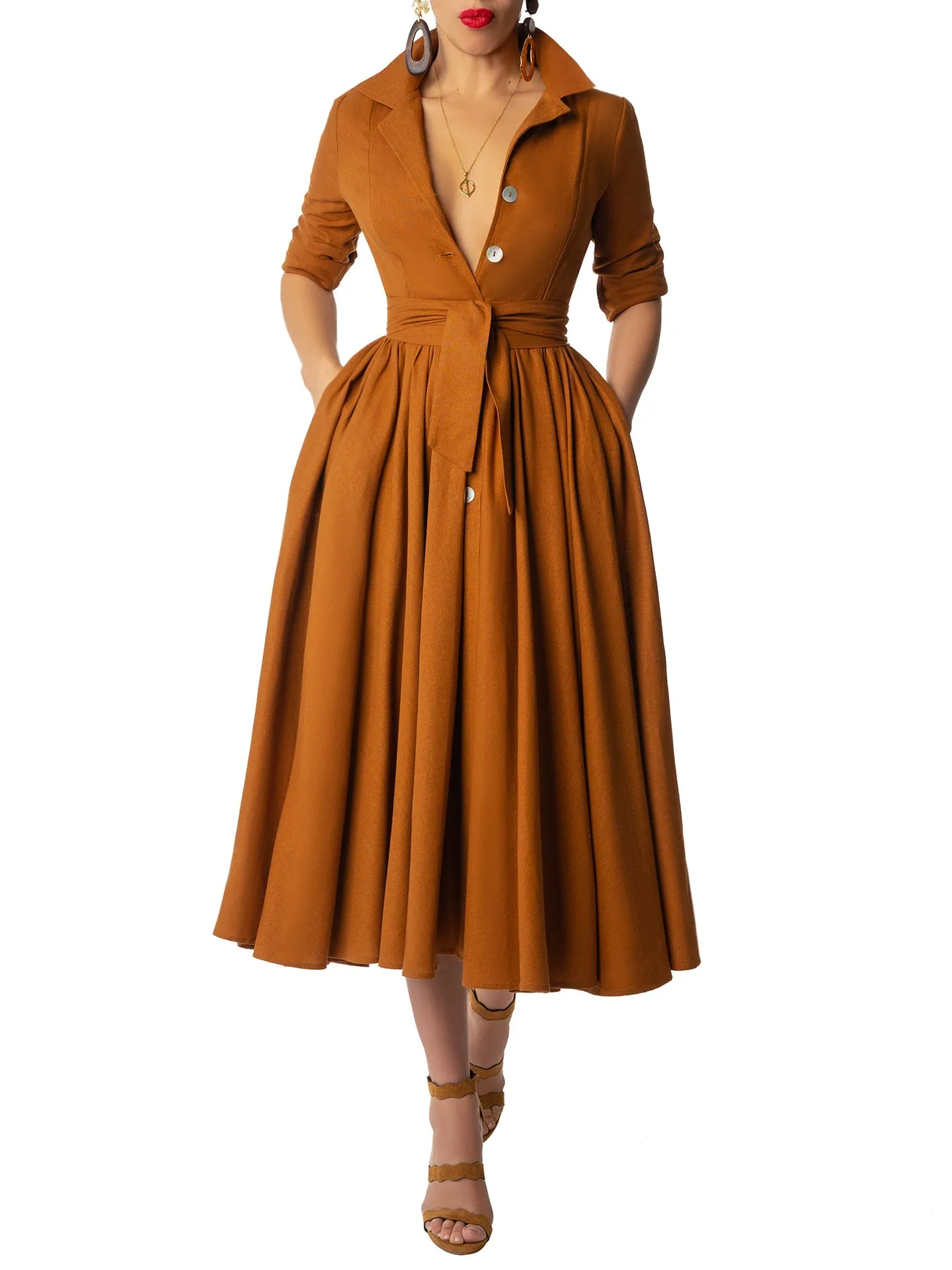 "Cypress" Cognac Midi Shirtdress