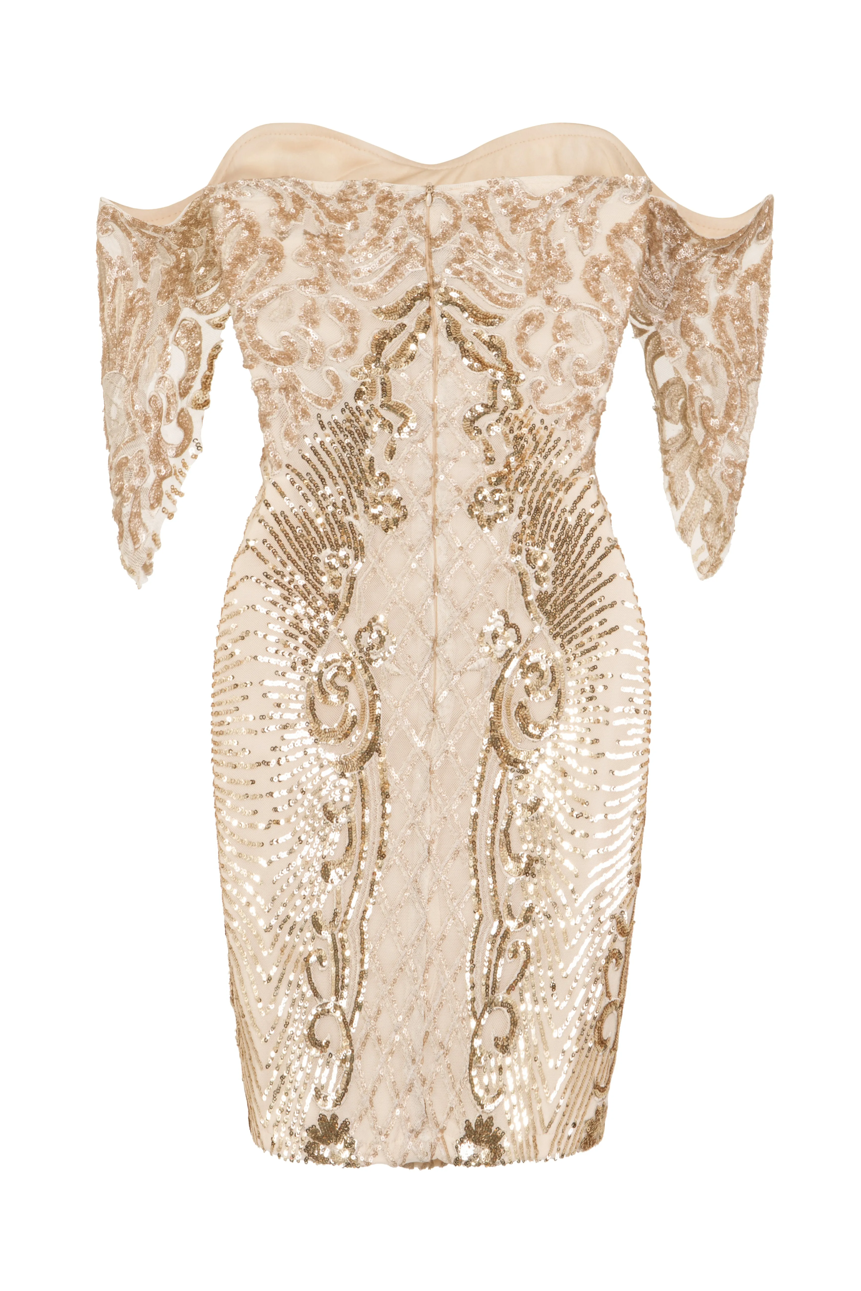 Rumour Vip Nude Gold Sweetheart Bardot Sequin Mini Bodycon Dress