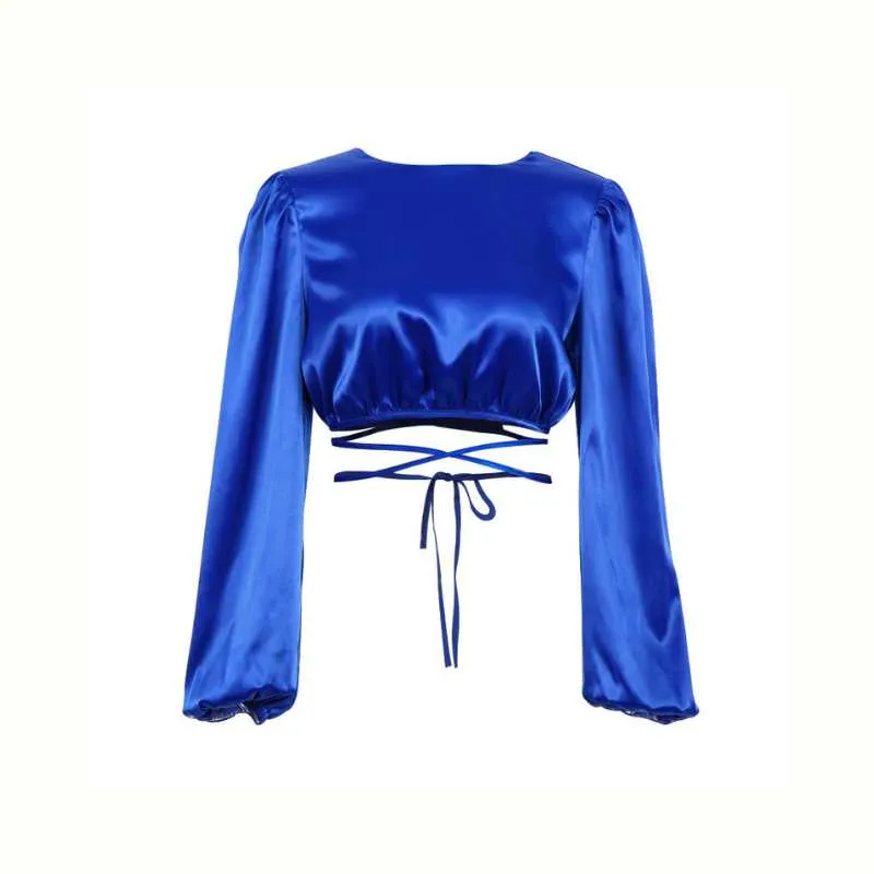Satin Lace-Up Low Back Wrap Blouse