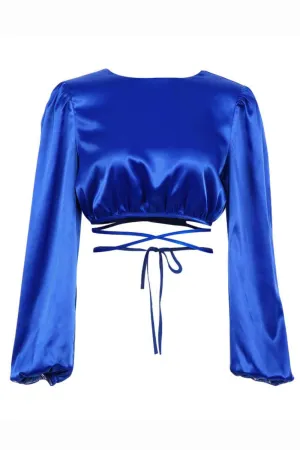 Satin Lace-Up Low Back Wrap Blouse