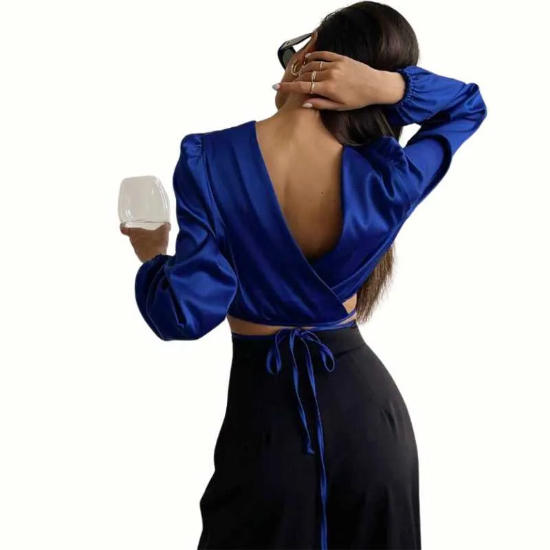 Satin Lace-Up Low Back Wrap Blouse