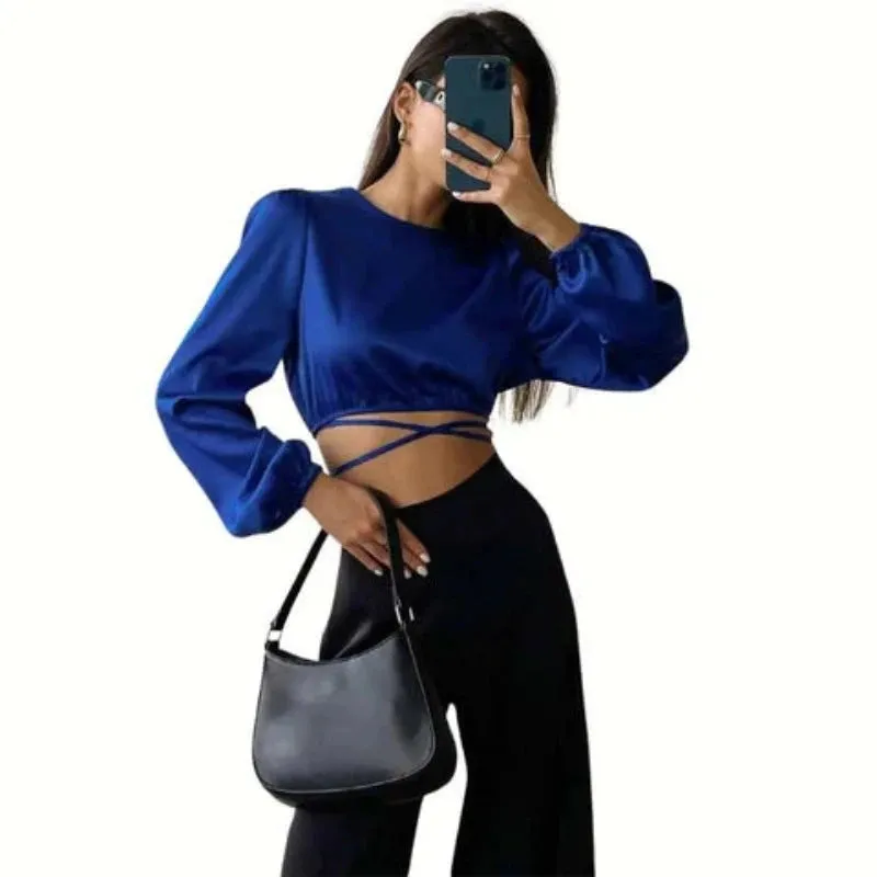 Satin Lace-Up Low Back Wrap Blouse