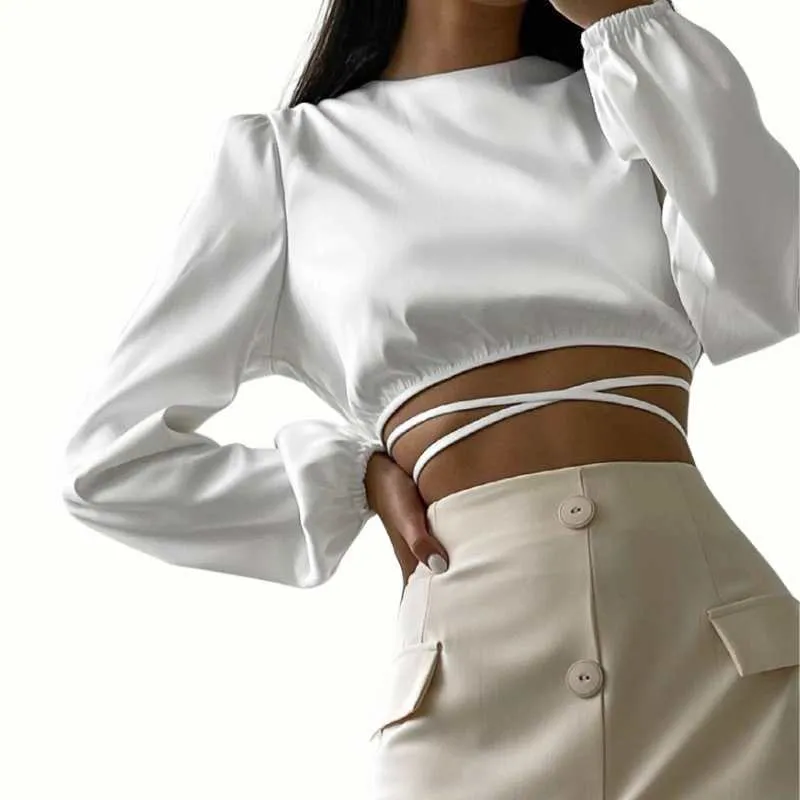 Satin Lace-Up Low Back Wrap Blouse