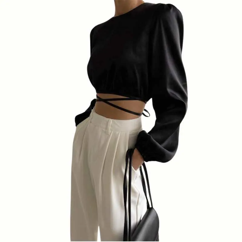 Satin Lace-Up Low Back Wrap Blouse