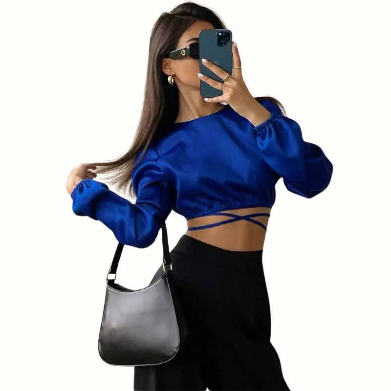 Satin Lace-Up Low Back Wrap Blouse