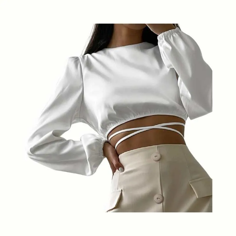 Satin Lace-Up Low Back Wrap Blouse