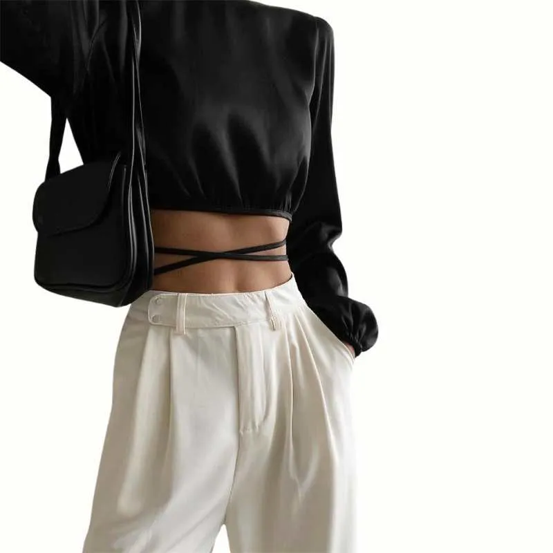 Satin Lace-Up Low Back Wrap Blouse