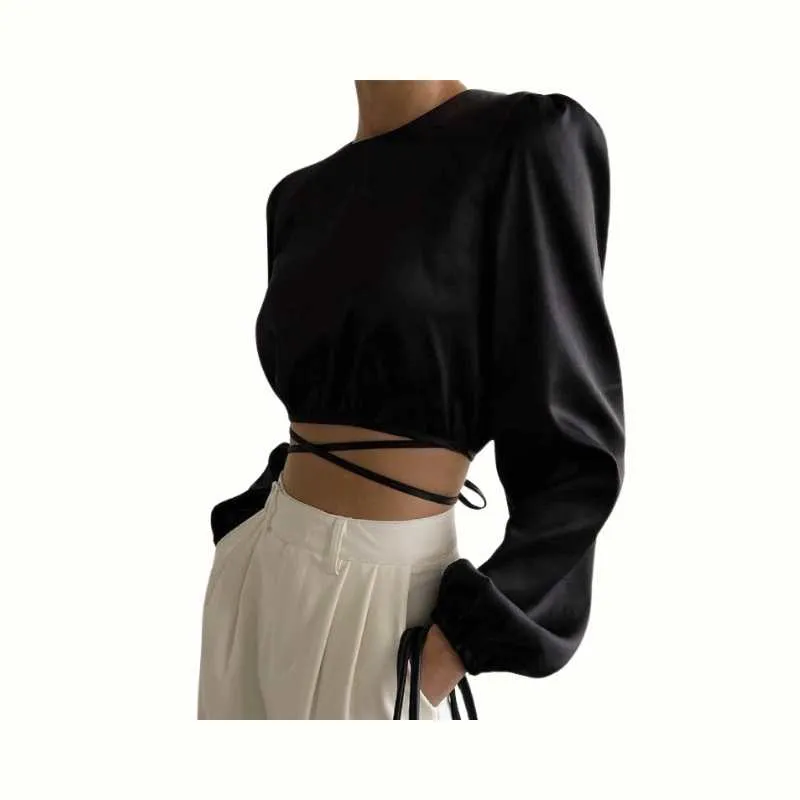 Satin Lace-Up Low Back Wrap Blouse