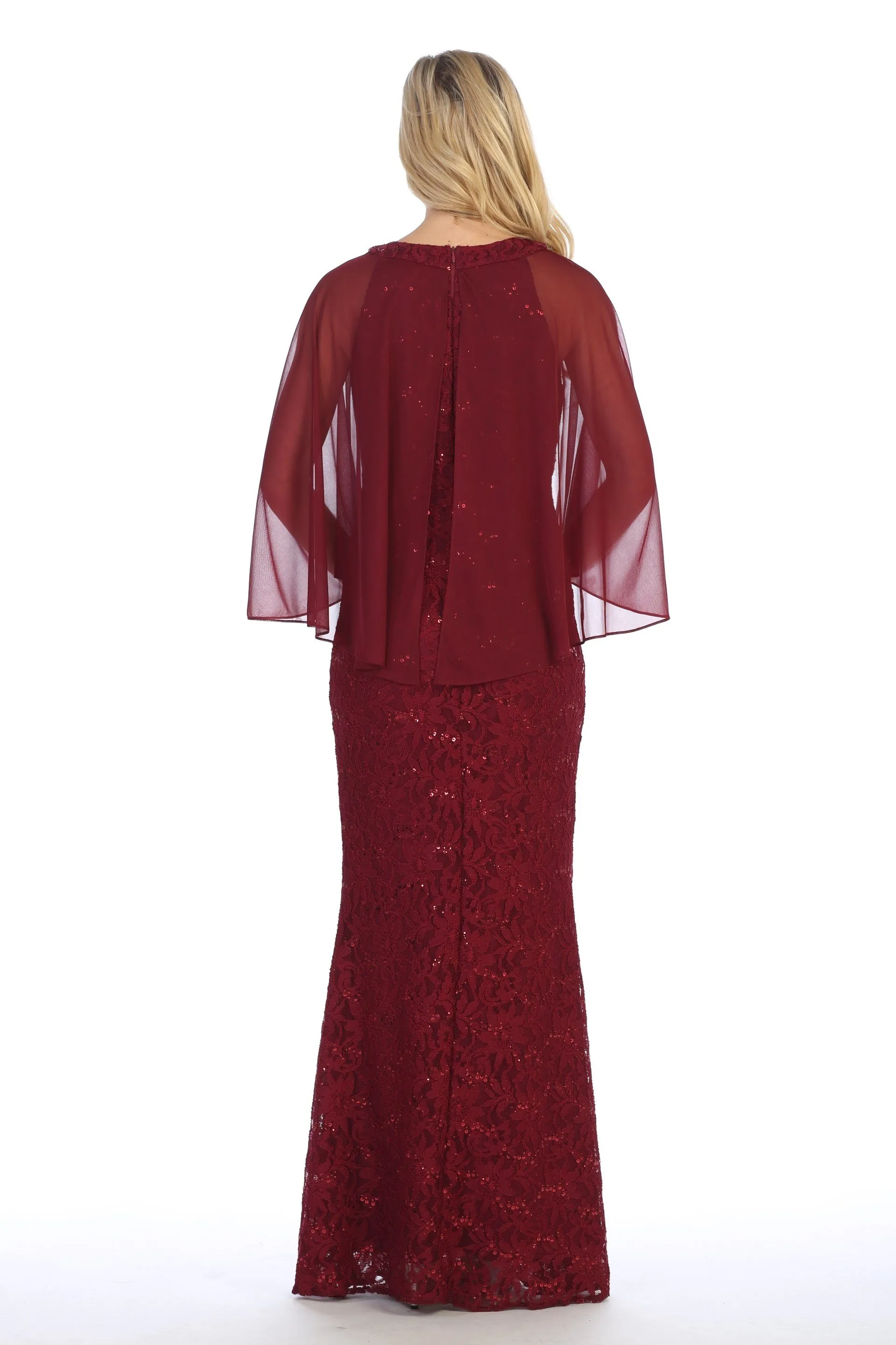 Sequin Lace Long Cape Dress with Flutter Sleeves by Celavie 6352-L