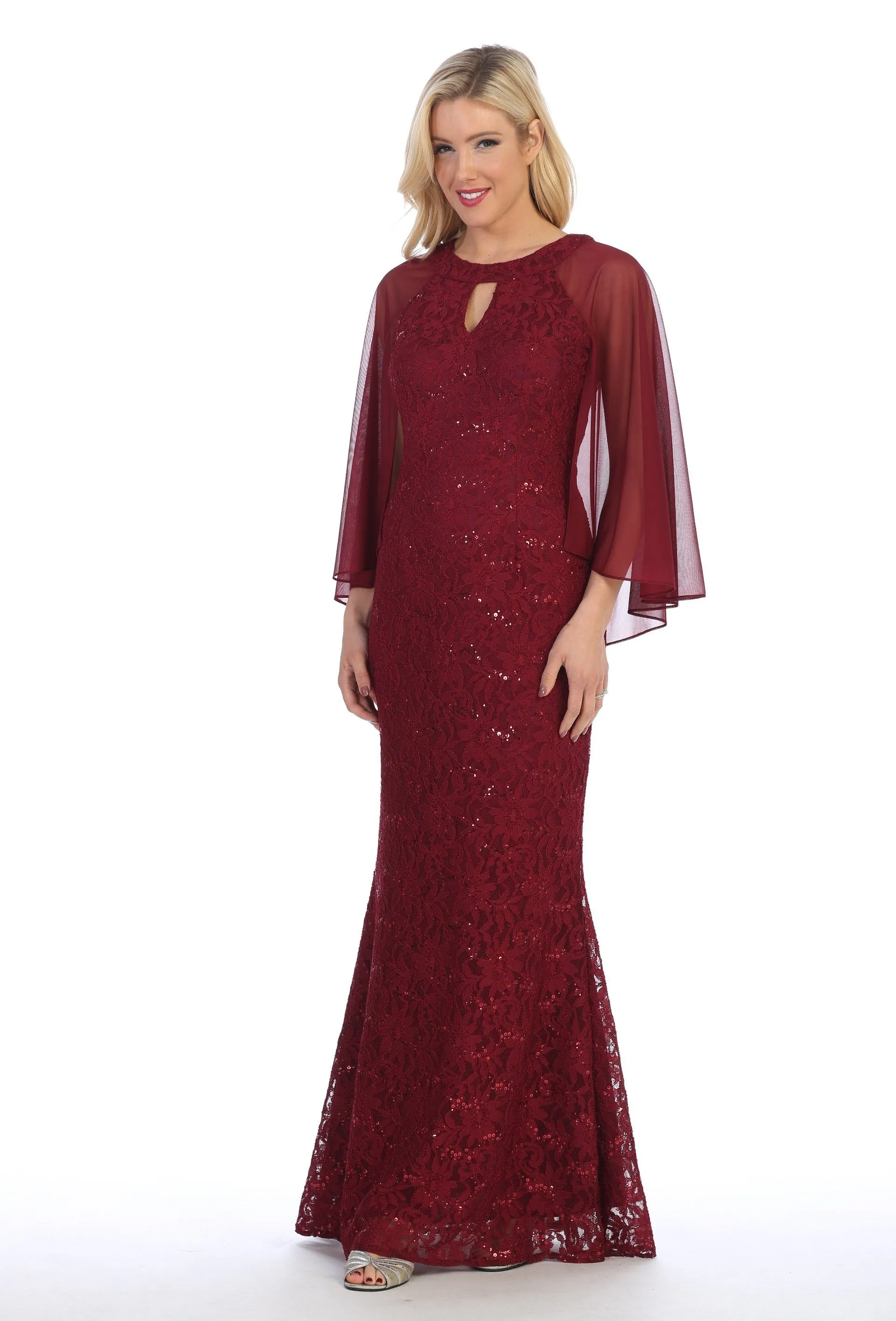 Sequin Lace Long Cape Dress with Flutter Sleeves by Celavie 6352-L