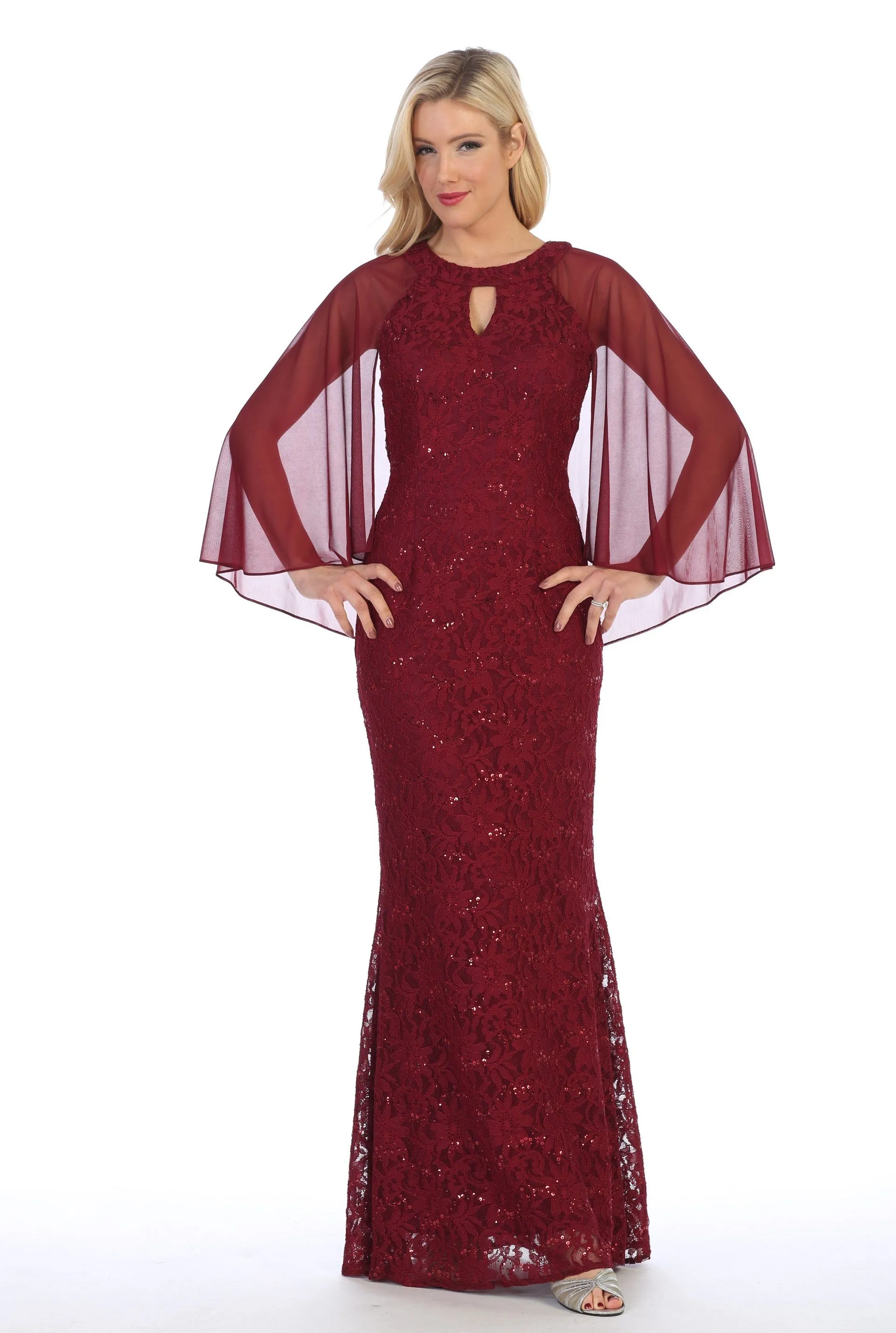 Sequin Lace Long Cape Dress with Flutter Sleeves by Celavie 6352-L