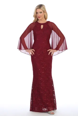 Sequin Lace Long Cape Dress with Flutter Sleeves by Celavie 6352-L