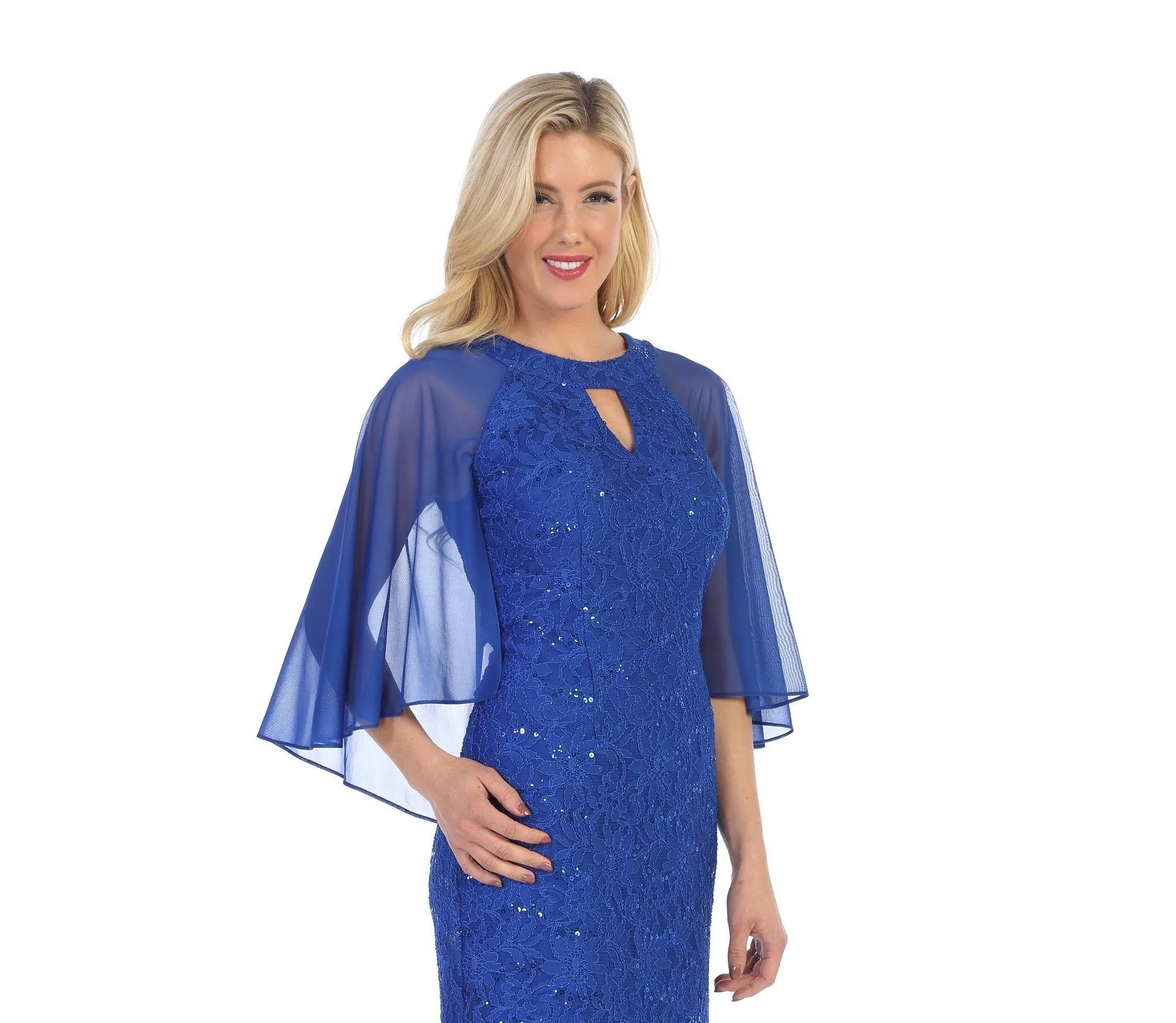 Sequin Lace Long Cape Dress with Flutter Sleeves by Celavie 6352-L
