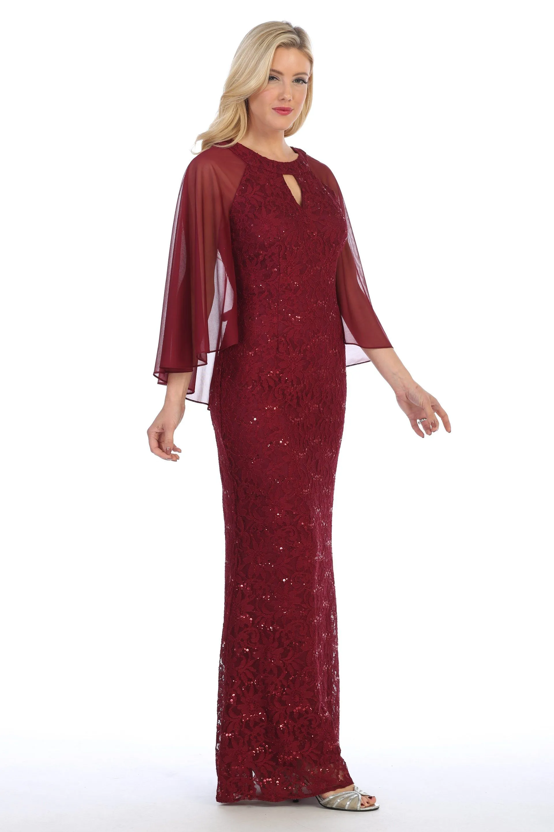 Sequin Lace Long Cape Dress with Flutter Sleeves by Celavie 6352-L