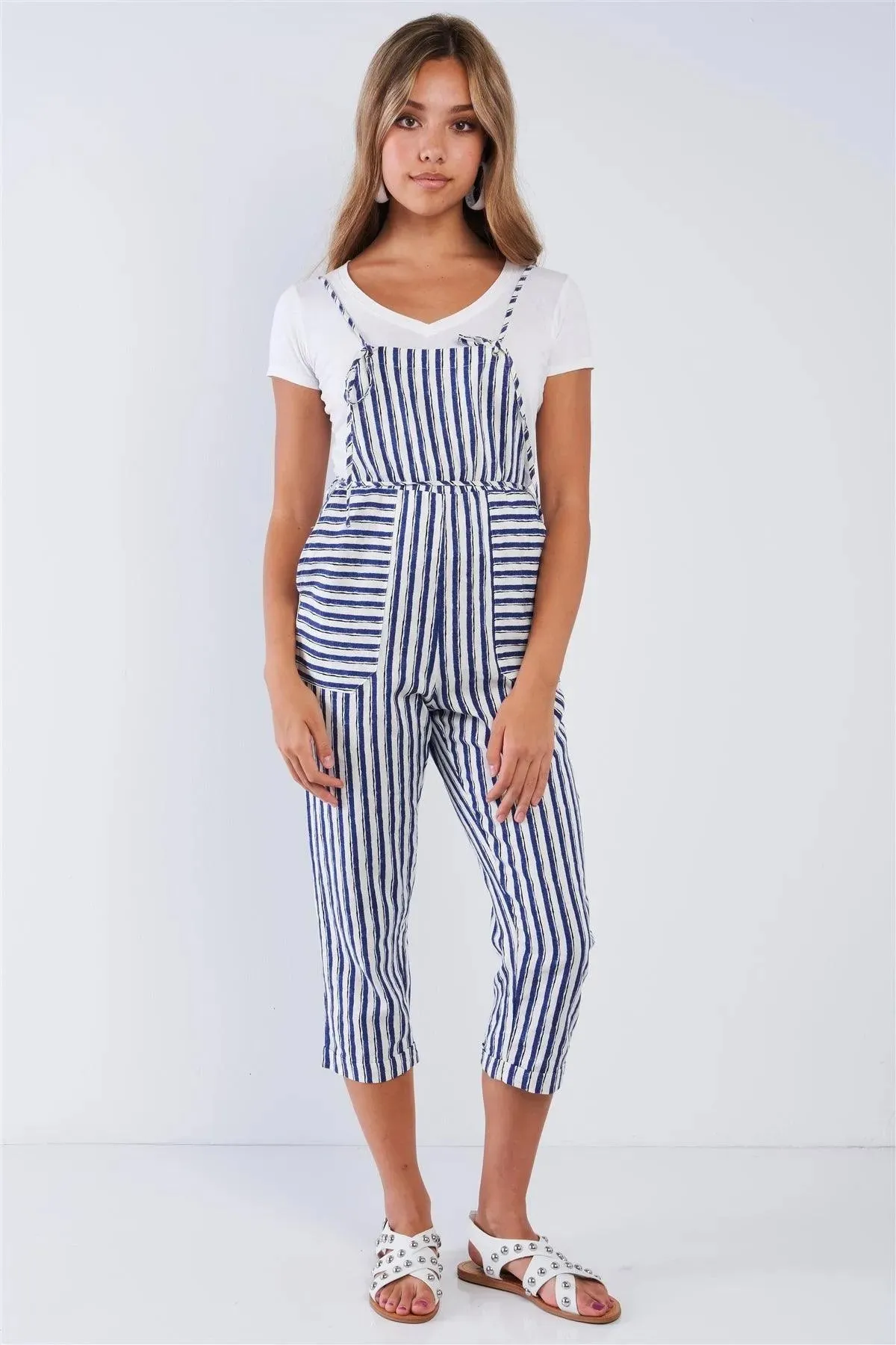 Striped Linen Ivory & Blue Self-Tie Spaghetti Strap Jumper