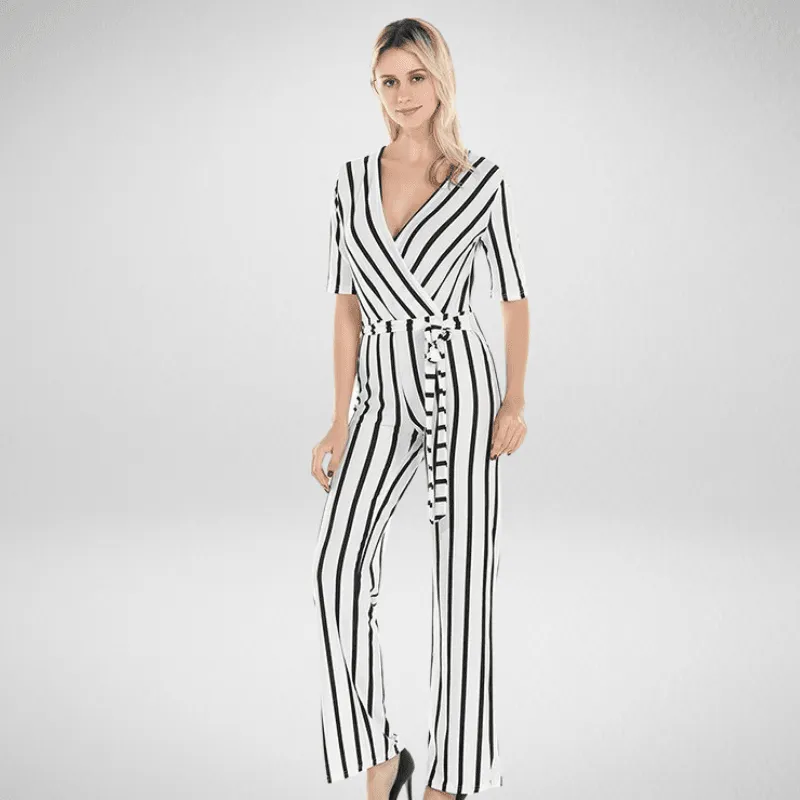Striped Slim-Fit Deep V-Neck Jumpsuit