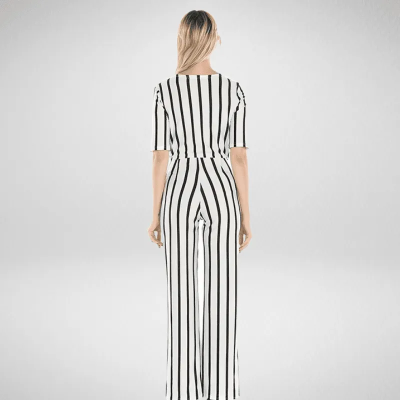 Striped Slim-Fit Deep V-Neck Jumpsuit