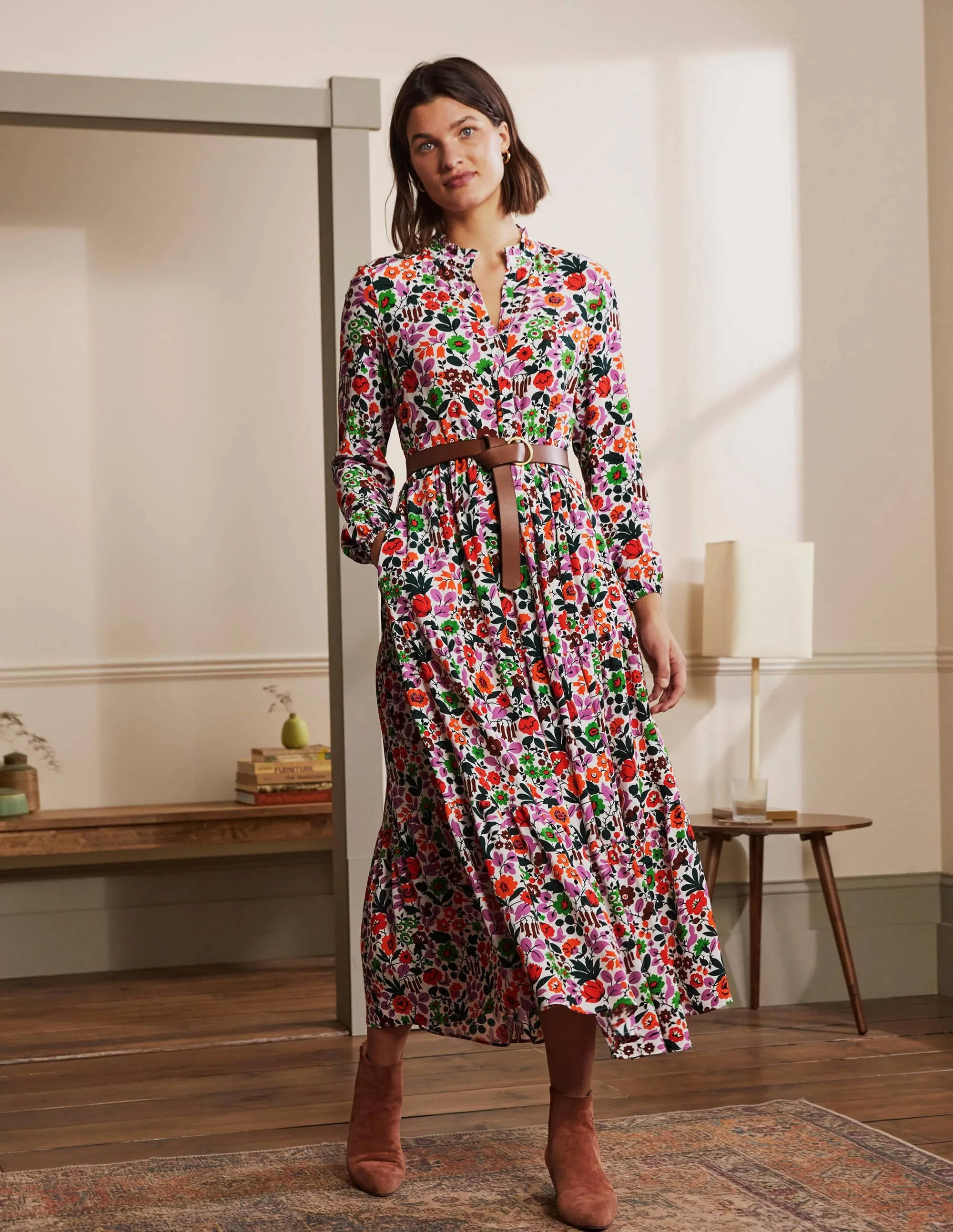 Tiered Maxi Shirt Dress-Ivory, Floral Forest