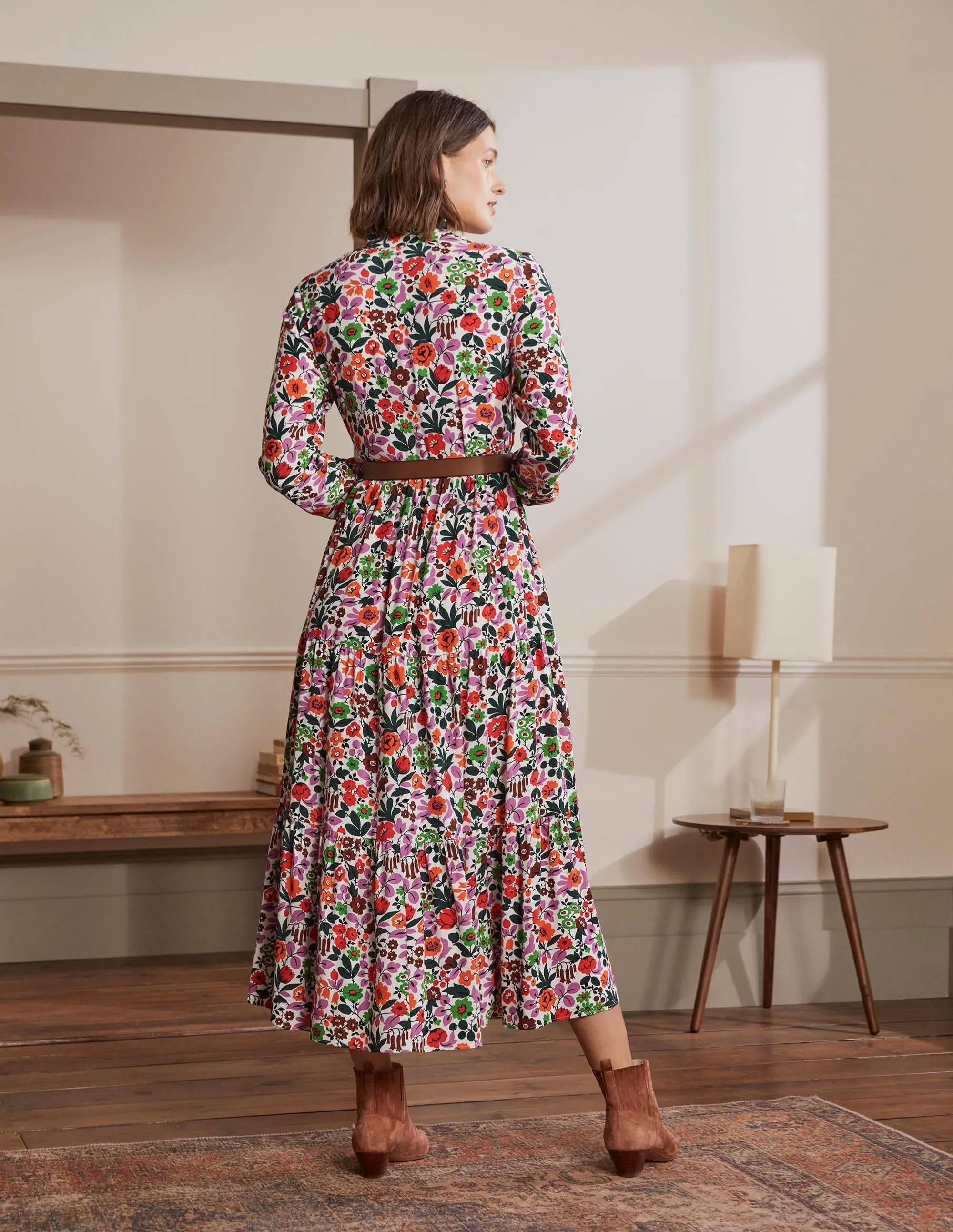 Tiered Maxi Shirt Dress-Ivory, Floral Forest