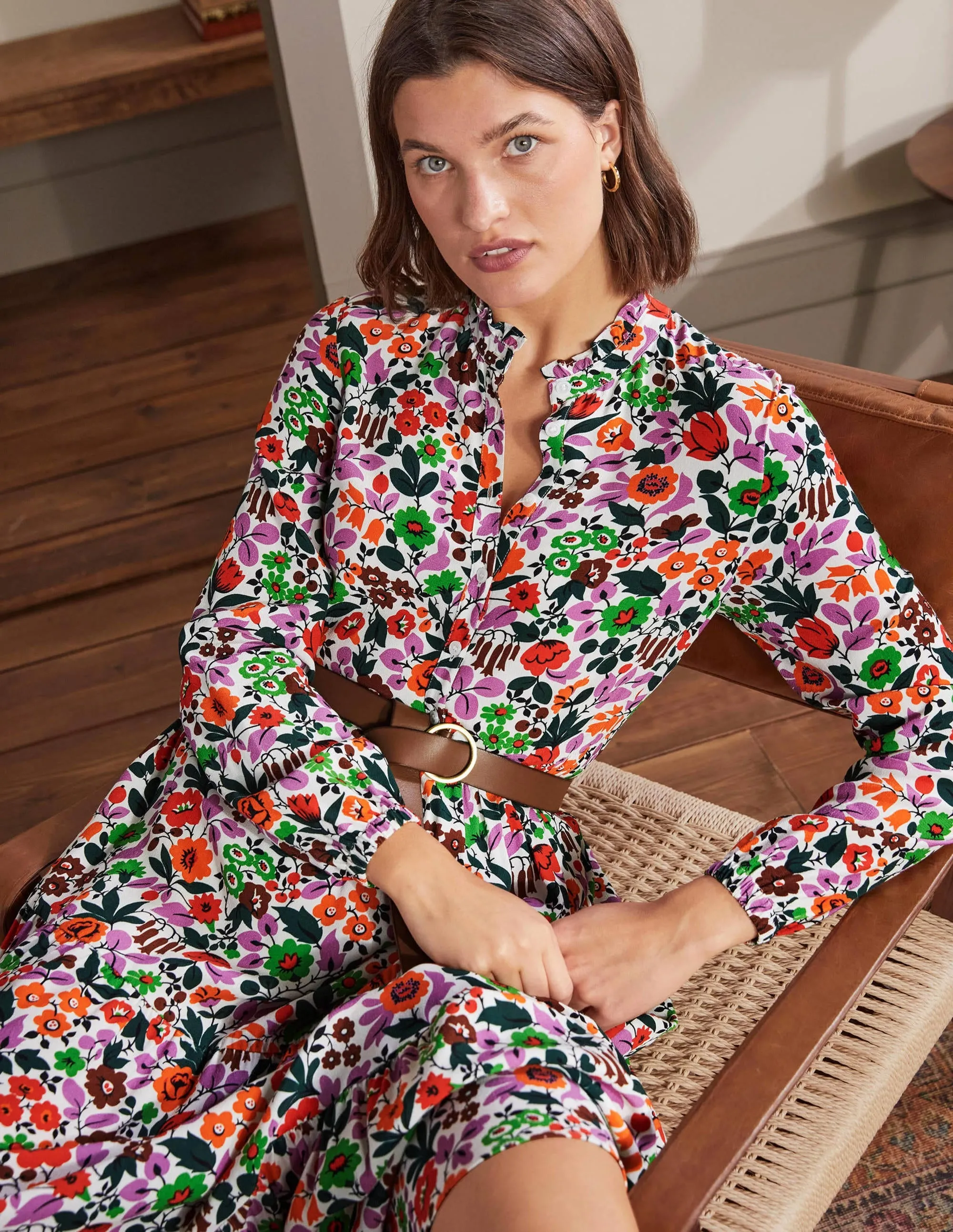 Tiered Maxi Shirt Dress-Ivory, Floral Forest