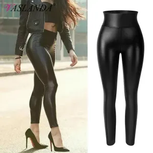 Vaslanda PU Leather Pencil Pants Women High Waisted Tummy Control Slim Leggings