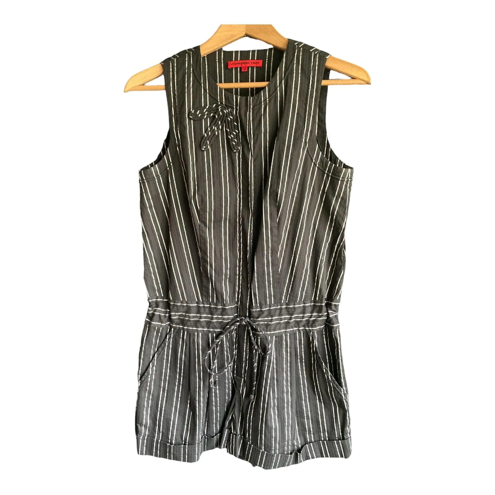 Vivienne Tam Black and Silver Striped Sleeveless Playsuit Size 4 UK Size 8/10