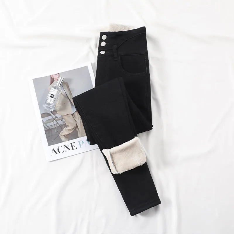 Winter Thick Velvet Women High Waist Skinny Jeans Simple Fleece Warm Slim Fit Stretch Denim Pencil Pants