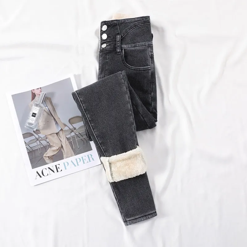 Winter Thick Velvet Women High Waist Skinny Jeans Simple Fleece Warm Slim Fit Stretch Denim Pencil Pants