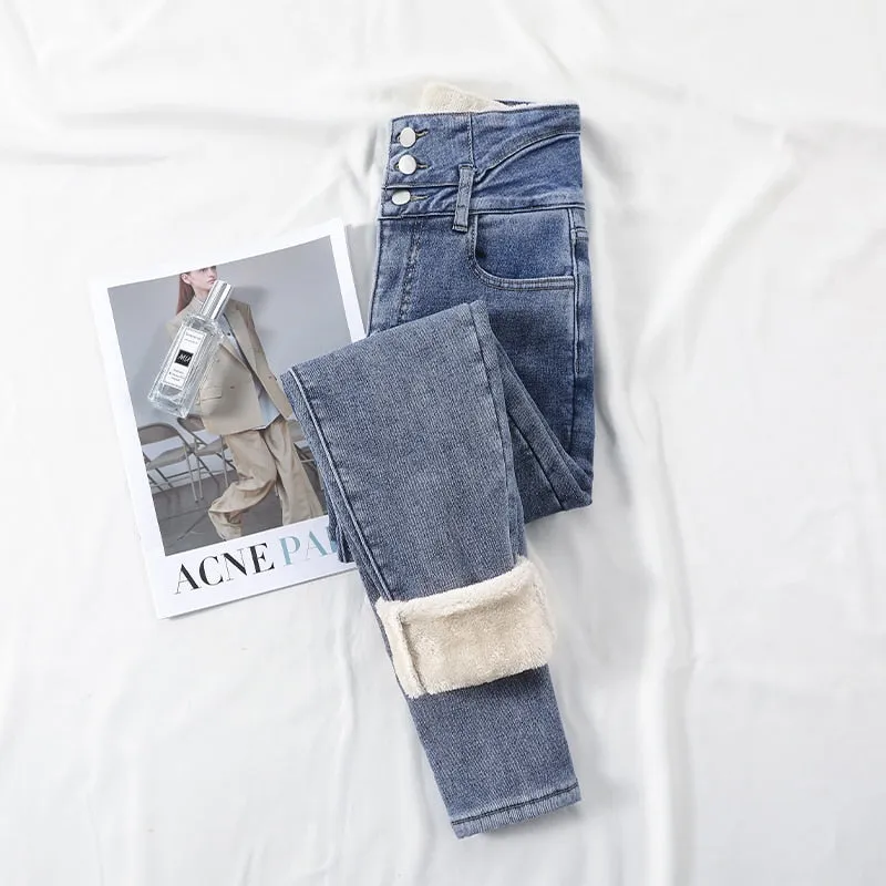 Winter Thick Velvet Women High Waist Skinny Jeans Simple Fleece Warm Slim Fit Stretch Denim Pencil Pants