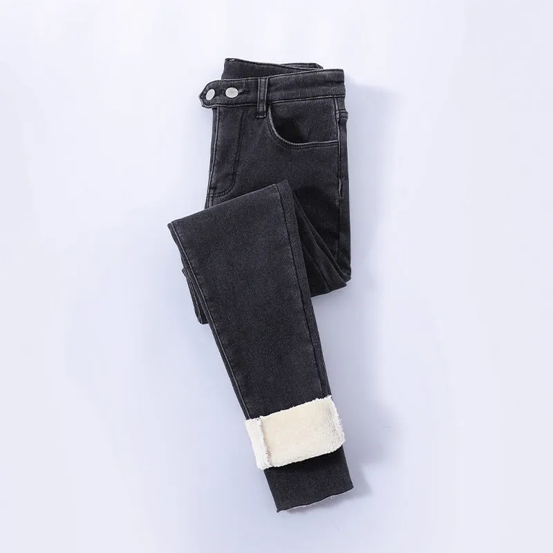 Winter Thick Velvet Women High Waist Skinny Jeans Simple Fleece Warm Slim Fit Stretch Denim Pencil Pants