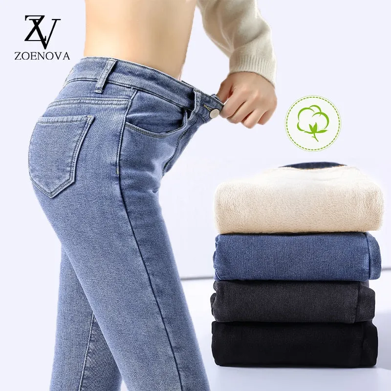 Winter Thick Velvet Women High Waist Skinny Jeans Simple Fleece Warm Slim Fit Stretch Denim Pencil Pants