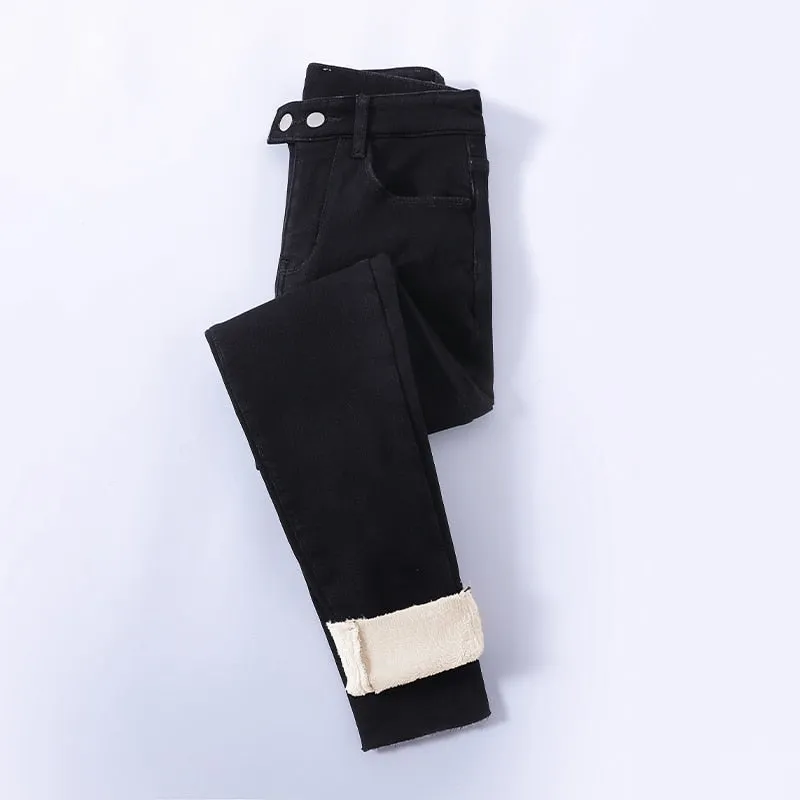Winter Thick Velvet Women High Waist Skinny Jeans Simple Fleece Warm Slim Fit Stretch Denim Pencil Pants