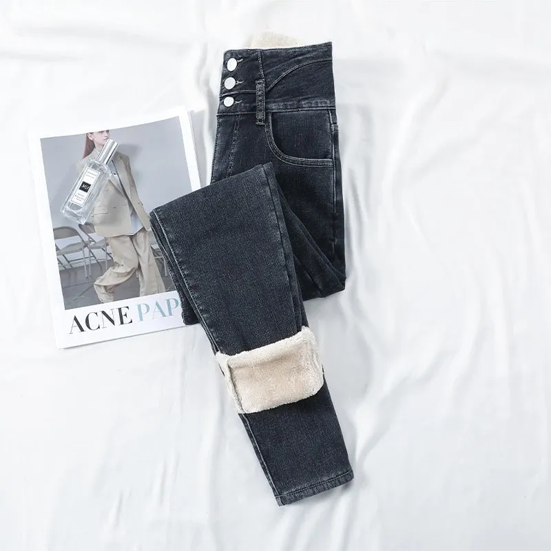 Winter Thick Velvet Women High Waist Skinny Jeans Simple Fleece Warm Slim Fit Stretch Denim Pencil Pants