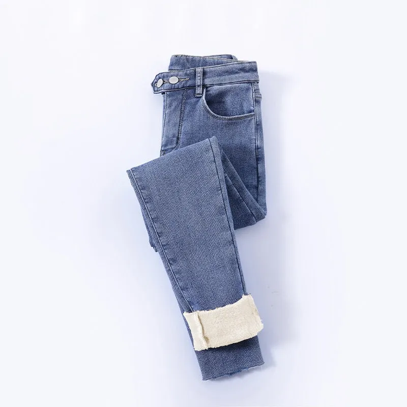 Winter Thick Velvet Women High Waist Skinny Jeans Simple Fleece Warm Slim Fit Stretch Denim Pencil Pants